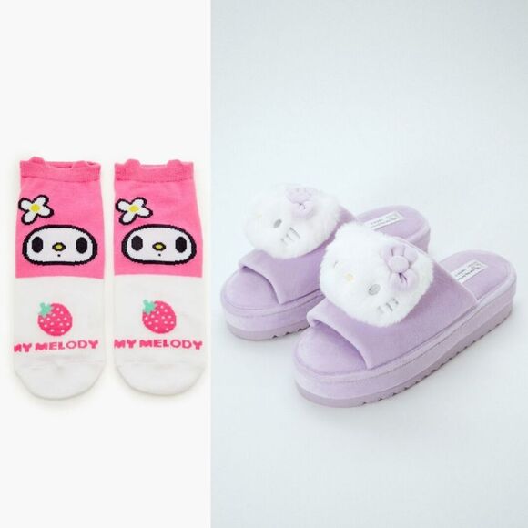 NWT Hello Kitty & My Melody Socks & House Plush Slippers Set Purple Pink Sanrio - Picture 1 of 7
